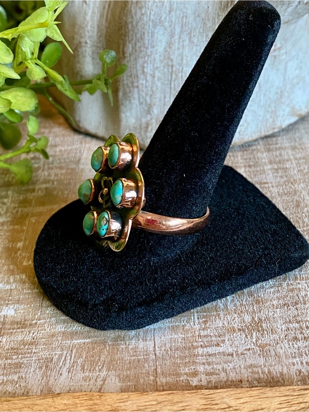 Turquoise copper flower ring southwestern boho rodeo sz 9 (ADJUSTABLE 6-10) - Picture 3 of 9